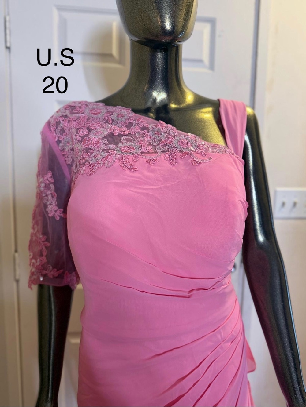 Women’s One-Shoulder Pink Evening Dress with Lace Overlay
